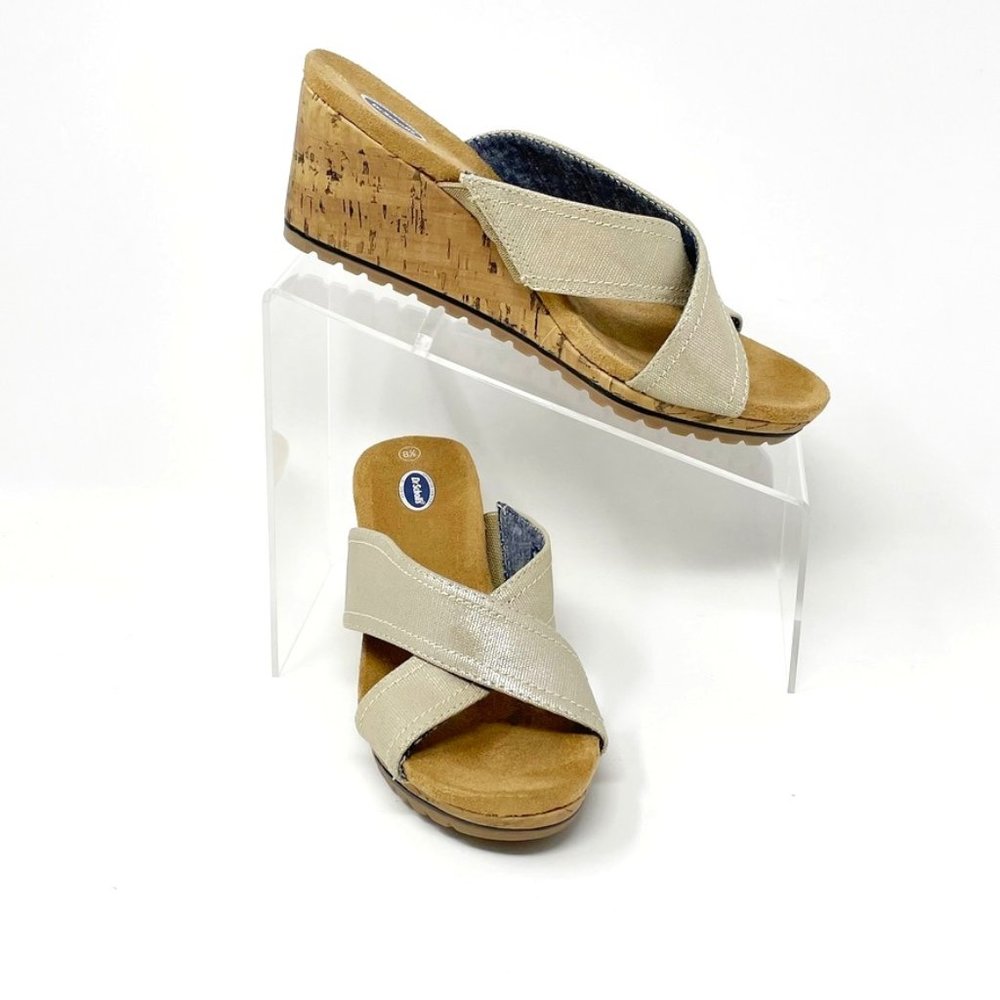 Dr. Scholl's Womens Gold Metallic Canvas Cork Wedge Heel Sandal  Size 8.5